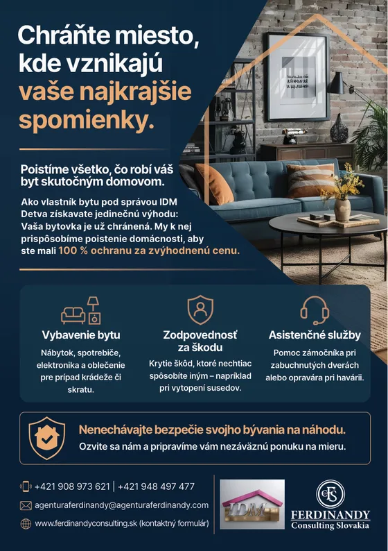 Leták Ferdinandy Consulting Slovakia: poistenie bytu a domácnosti pre vlastníkov bytov v správe IDM